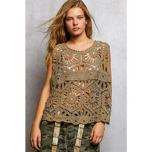 POL Openwork Round Neck Floral Crochet Tank
